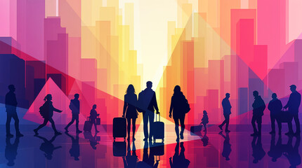 Silhouetted Figures in Abstract Airport Journey Background