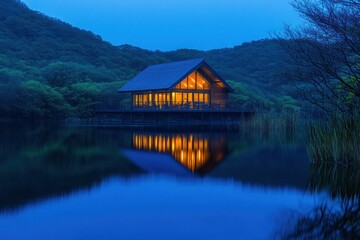 Fototapeta premium Serene lakeside cabin illuminated at dusk, surrounded by lush hills and calm water reflections