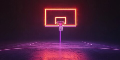 Neon Basketball Hoop Glows Brightly on Court at Night, Dramatic Lighting Effects Showcase Sport's Energy