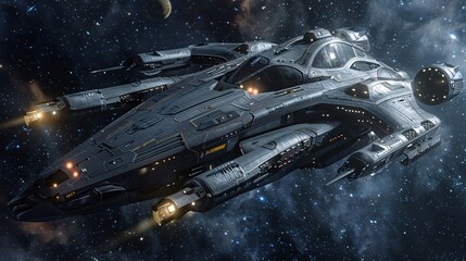 A photorealistic depiction of a ship in space, with artistic rendering and perfect composition