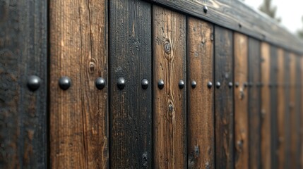 Fototapeta premium Close-up rustic wooden fence with black iron details, forest background; use texture