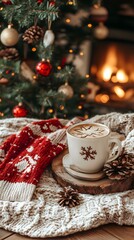 Cozy holiday setting with a festive drink, warm mittens, and a Christmas tree.
