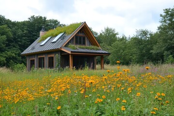 A charming energy-efficient cottage with a green roof, surrounded by a wildflower garden, blending nature with modern design.