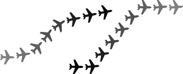 Translational Motion Airplane silhouettes arranged in a curved flight pattern against a pure white background.