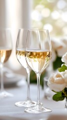 Two elegant glasses of white wine set among fresh white roses.