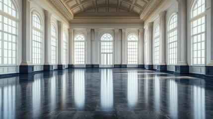 A legislative hall with dark marble floors and large windows. Featuring timeless elegance and openness