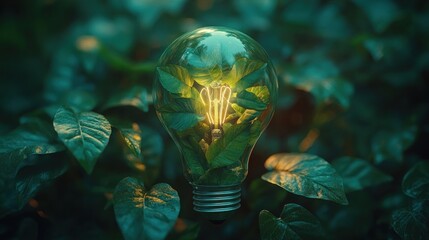 Green Energy Glowing bulb with leaves, foliage background