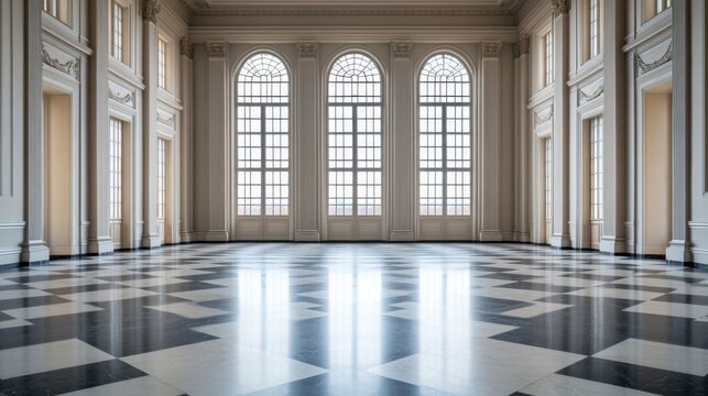 A legislative hall with dark marble floors and large windows. Featuring timeless elegance and openness