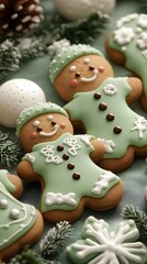 Obraz premium Festively decorated gingerbread cookies in green and white, perfect for holiday celebrations.