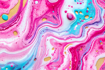 Abstract fluid art painting, vibrant pink, blue, white swirls with gold accents. Perfect for backgrounds, design, or art projects.