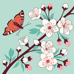 Beautiful spring nature background with butterfly, lovely blossom, petal a on turquoise blue background vector art and illustration