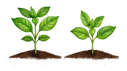 Two Green Basil Plants In Dirt On White Background