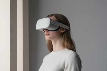 A young woman with long brown hair experiences virtual reality using a white VR headset against a gray background.