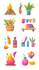 Holi Icon Set with Bonfire, Color Powder, and Sweets, Holi 