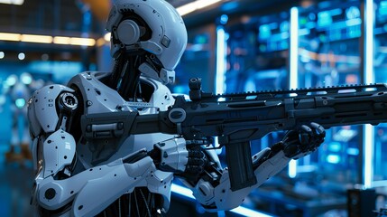 A futuristic humanoid robot, with a sleek design, holding a weapon in a high-tech environment illuminated by blue lights.