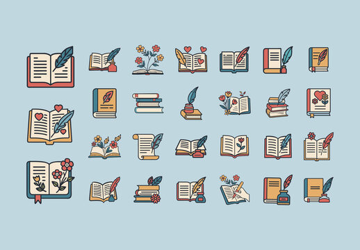 Beige Poem Literature Writing Notebook Icons Set