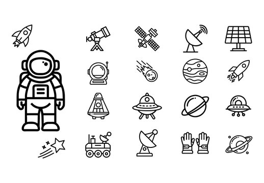 Black Space Astronaut Satellite Planet Icons Set