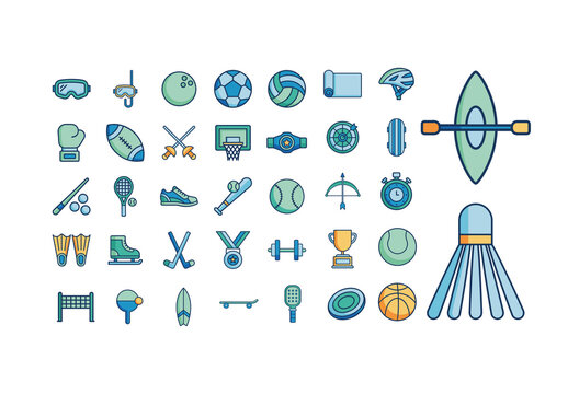 Blue Green Fitness Athletic Sports Equipment Icons Set