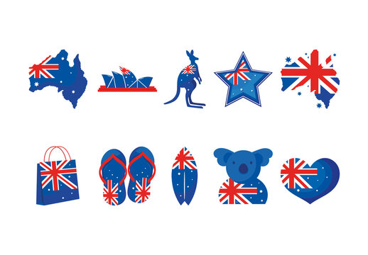 Blue Australia Kangaroo Sydney Celebration Icons Set