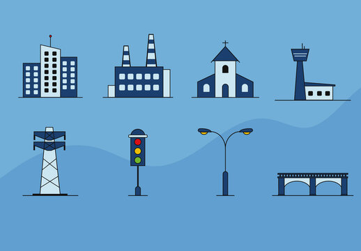Blue Urban City Bridge Factory Infrastructure Set
