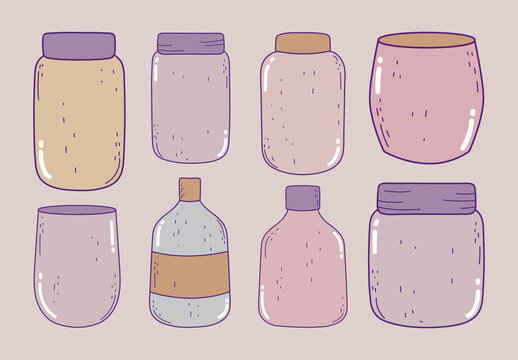 Colorful Hand-Drawn Jars and Bottles Illustration Set