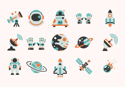 Colorful Space Astronomy Exploration Icons Set