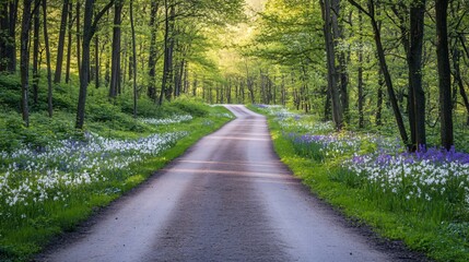 Naklejka premium Serene Country Road Lined with Spring Blossoms in a Lush Forest