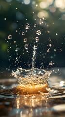 Beautiful splash of water droplets creating ripples in a serene outdoor setting.