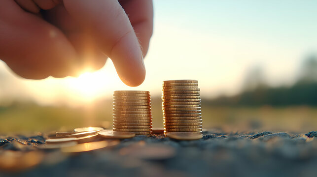 Hand placing coin on stack of coins at sunset outdoors, signifying financial growth and savings, suitable for business or finance related content