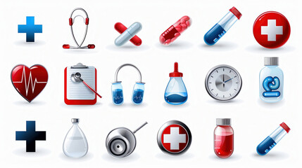 A vector icon set of healthcare, cartoon doctor and nurse with medical icons set