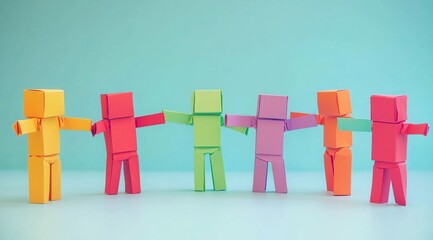 Obraz premium Colorful Paper Robots Holding Hands: Teamwork, Unity, and Friendship Illustrated