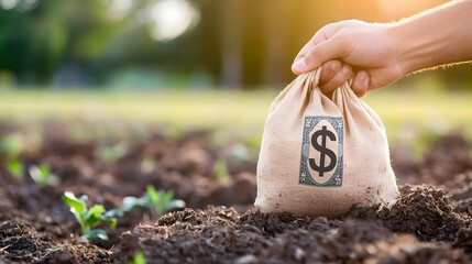Hand planting money bag in fertile soil; young plants in background; investment growth concept; ideal for financial, agricultural, or business websites