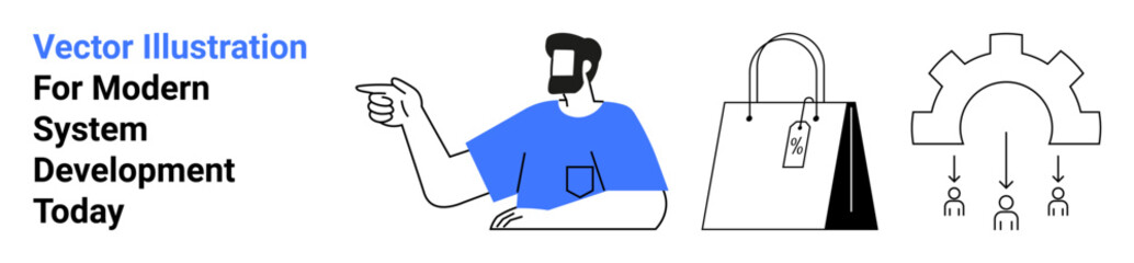 Man pointing, black shopping bag with a tag, gear mechanism with downward flow to individuals. Ideal for teamwork, technology, system architecture, innovation, e-commerce, consumer behavior