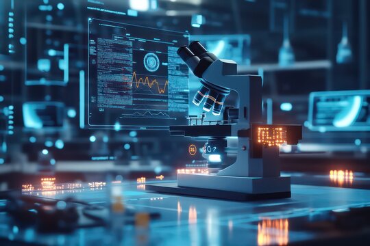 futuristic laboratory setting featuring a high-tech microscope with glowing digital interfaces and holographic medical data