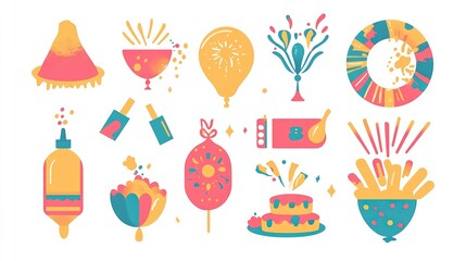 Holi Icon Set with Colorful Powder, Water Guns, and Sweets, Holi