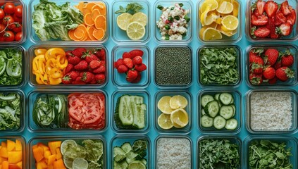 A row of clear containers with various fruits and vegetables