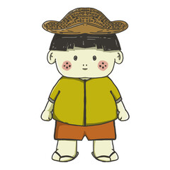Illustration of a small child wearing a straw hat and yellow shirt