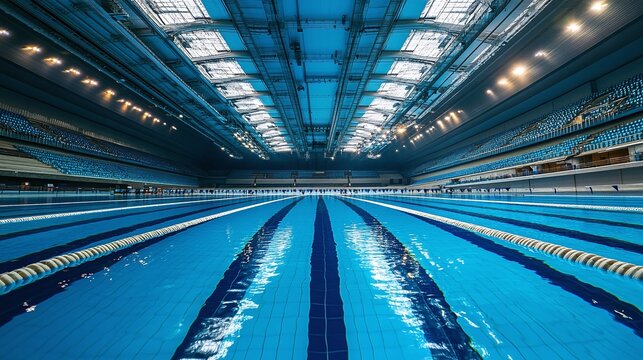 large olympic swimming pool arena with empty lanes and clean blue water professional sports venue for competitive swimming training fitness and championship events