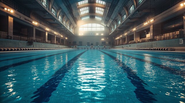 large olympic swimming pool arena with empty lanes and clean blue water professional sports venue for competitive swimming training fitness and championship events