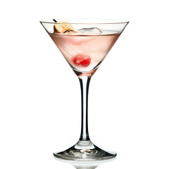 Martini cocktail with cherry garnish served in a classic glass on a wooden table on white background , cut out.