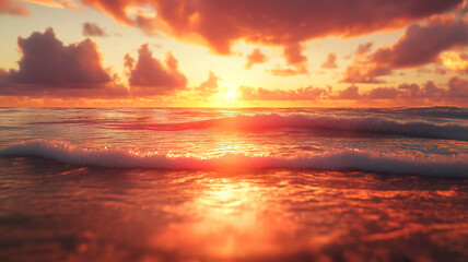 Serene closeup of sea sand with a vibrant orange and golden sunset sky over a peaceful beach