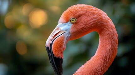 Close-up portrait of an elegant flamingo displays soft pink feathers, a gracefully curved neck, detailed coral beak with a black tip, and a golden eye, set against a blurred natural background.