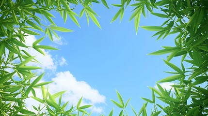Obraz premium Vibrant Green Bamboo Leaves Frame Sunny Blue Sky