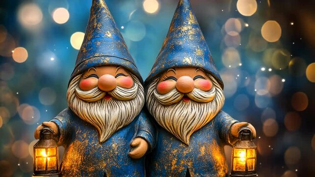 Cheerful garden gnomes holding lanterns in a festive atmosphere with colorful bokeh lights