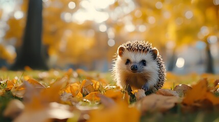 Obraz premium Cute hedgehog walking on green grass lawn amidst fallen autumn leaves is captured in bright natural lighting with shallow depth of field, set in a natural outdoor setting.