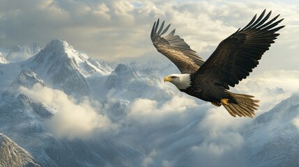 Obraz premium Majestic Bald Eagle Soaring Above Snowy Mountain Peaks