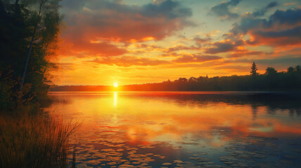 Obraz premium Stunning sunset over a Minnesota lake with golden hues lighting up the peaceful landscape