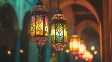 Colorful Traditional Lanterns Hanging in a Beautiful Interior Space