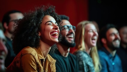 Audience Members Laugh Hilariously at Comedy Show, Enjoying Great Entertainment, Feeling Joyful, Sharing Laughter Together.