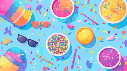 Holi Party Flat Lay with Festive Accessories, Holi